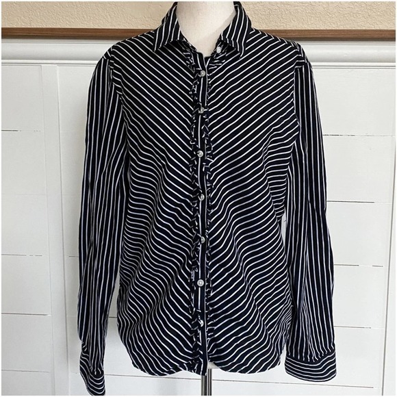 Tommy‎ Hilfiger Button Down Black and White Striped Ruffle Blouse sz 12 - Picture 1 of 5